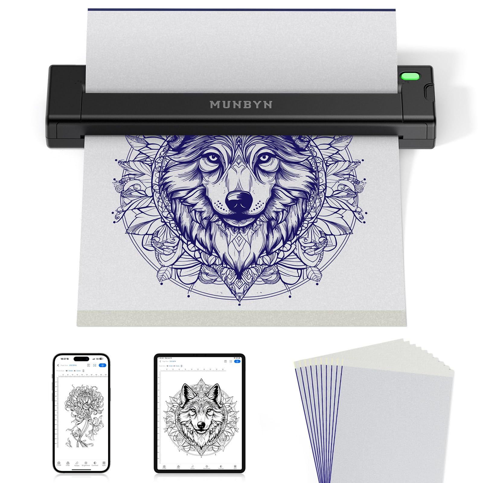 MUNBYN ITP05S Tattoo Drucker Bluetooth, Stencil Drucker, Tattoo Printer Thermodrucker mit 10 Blatt A4 Transferpapier, kompatibel mit Android, iOS, macOS und Windows, Schwarz