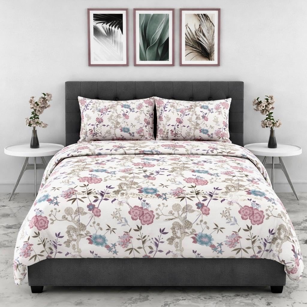 DECOR2ADMIRE Premium Cotton Bedsheet Double King Size 90x100 Inches, 300 TC Soft Breathable Printed Bed Sheet with 2 Pillow Covers (White Blush Floral, Double 90" x 100")-image-45