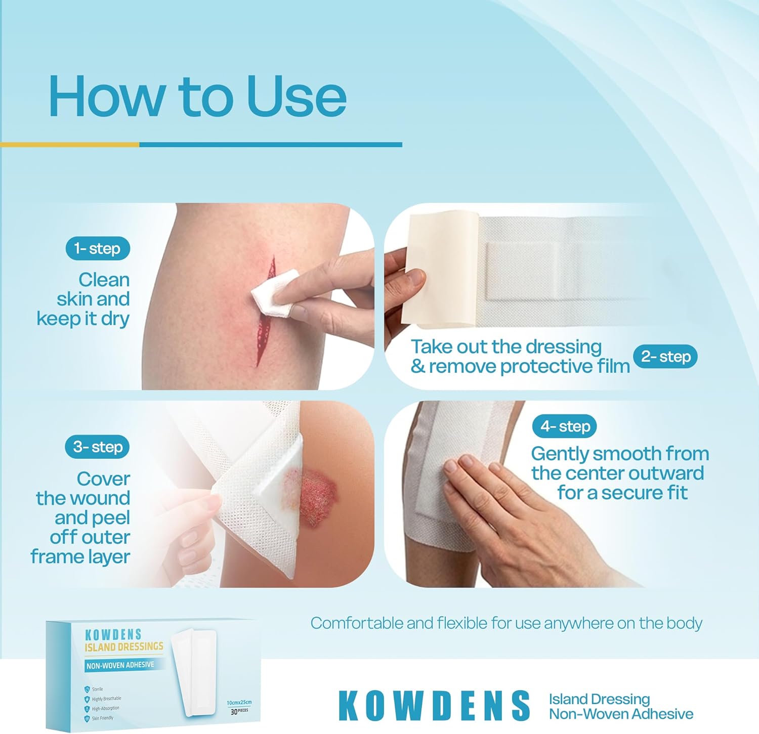 Water-Resistant Island Dressing, Non-Stick Pads Adhesive Border, Individually Packed Bandages for Wounds, Sterile Highly Absorbent Wound Care & Dressings, Latex-Free First-Aid (Pack of 30)