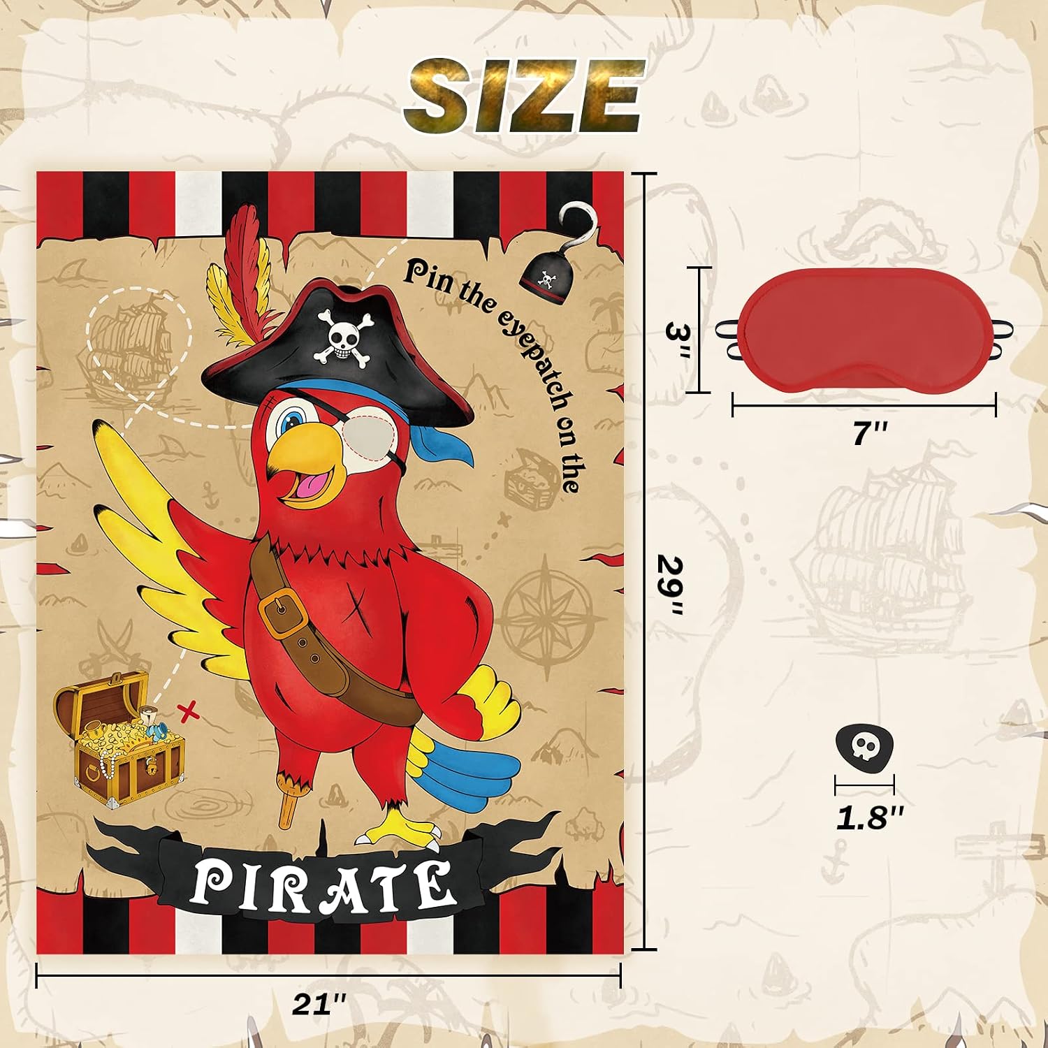 WERNNSAI Pin The Eye Patch on The Pirate - Kids Birthday Party Games Pirate Party Decorations for Kids Boys 28'' x 21'' Parrot Poster with 24 PCS Stickers Halloween Birthday Party Favor