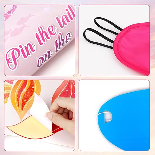 Miniatura 9 de Hxezoc Pin The Tail on The Mermaid Game con 40 piezas de colas grandes de sirena rosa para niños y niñas, fiesta de cumpleaños de sirena,