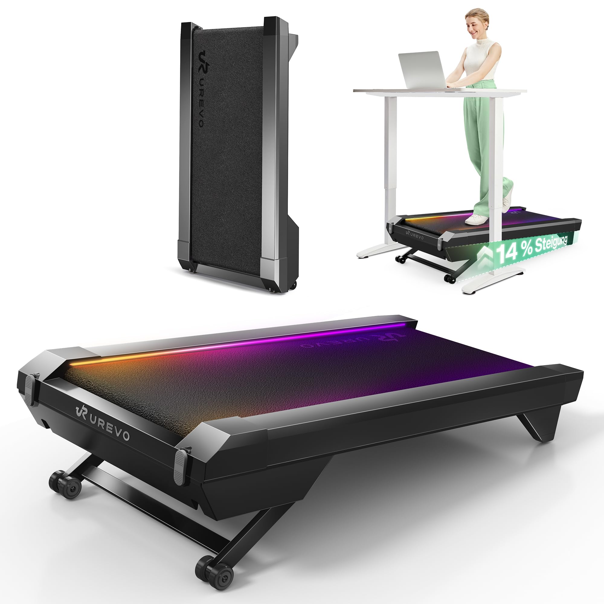UREVO CyberPad Walking Pad mit 14% automatischer Steigung – Smart Untertisch-Laufband fürs Büro & Zuhause, leiser Brushless-Motor, extra große Lauffläche, KI-App