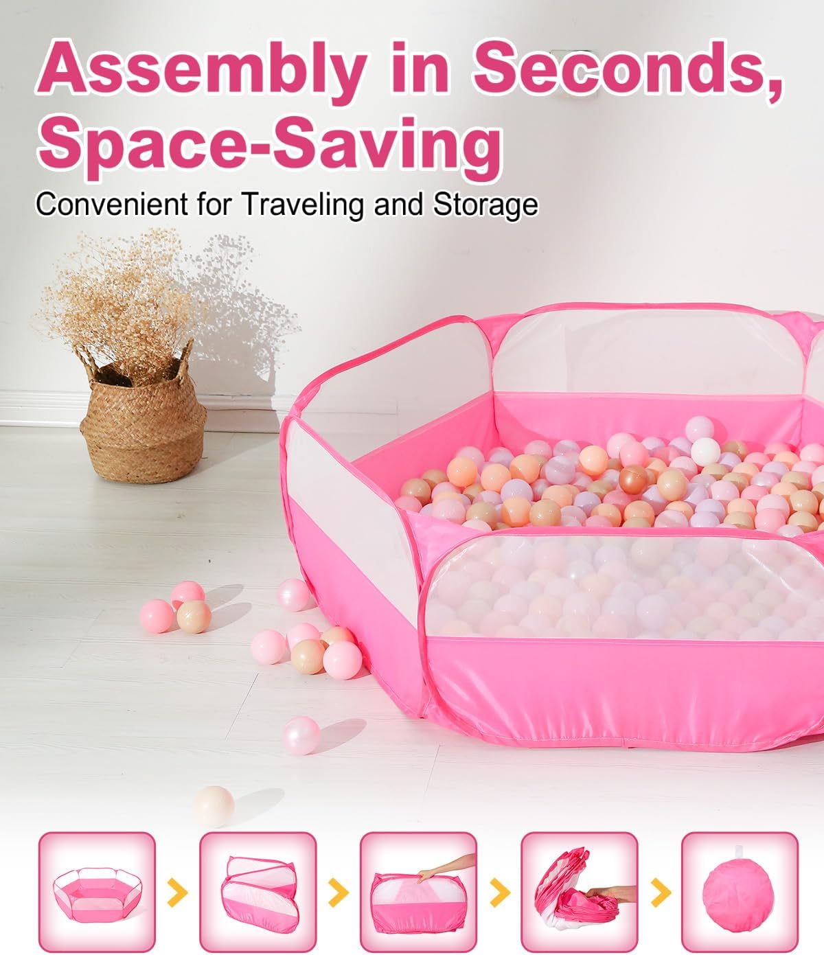 Foldable Ball Pit for Toddlers, Large Pop Up Ball Pits Kids Play Tent Crawl Playpen Ball Pool Playhouse Playpen with Storage Bag, for Boys Girls Dogs Cats Ferrets Indoor Outdoor, Bright Pink image 4