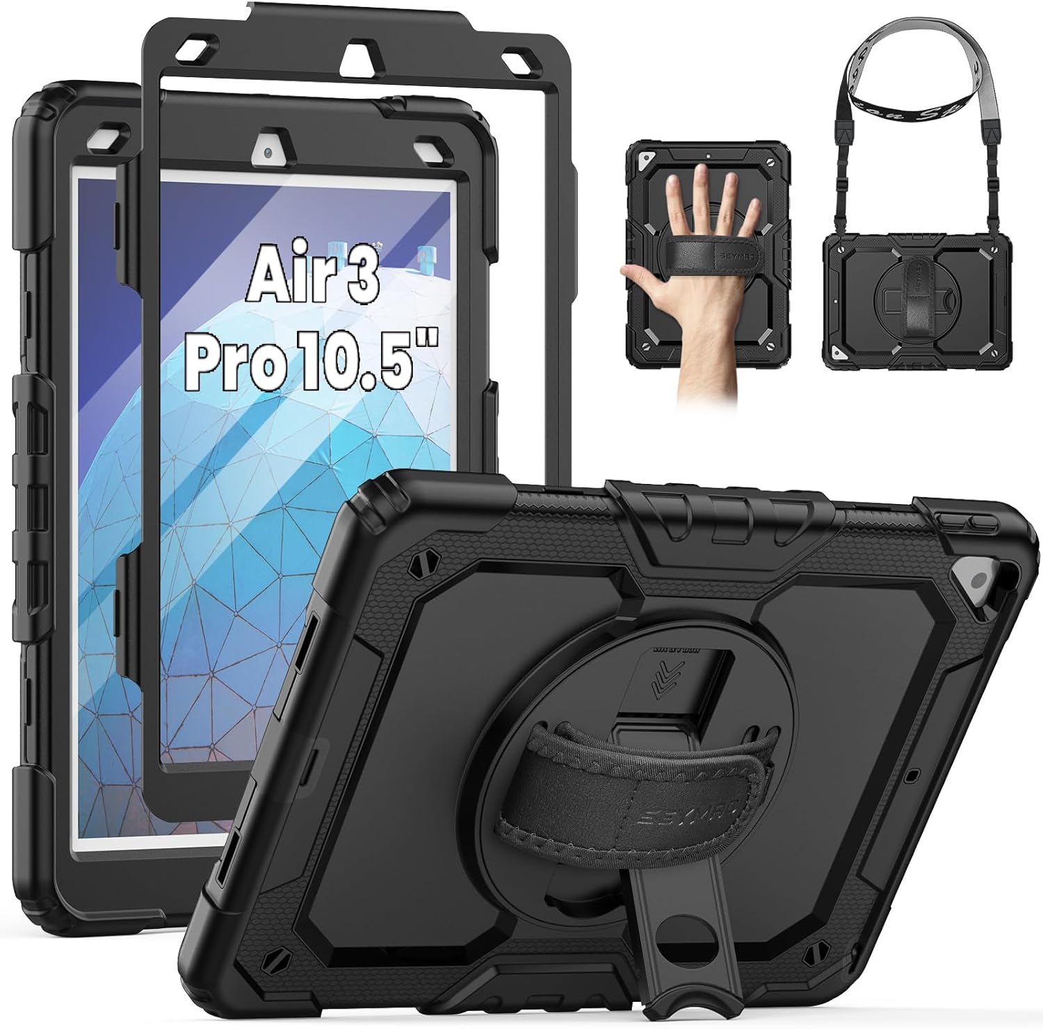 SEYMAC for iPad Air 3/ Pro 10.5 inch Case, Heavy Duty Full-Body Shockproof Protective Case with Screen Protector, 360 Rotating Stand, Hand/Shoulder Strap for iPad Air 3rd Gen, Black