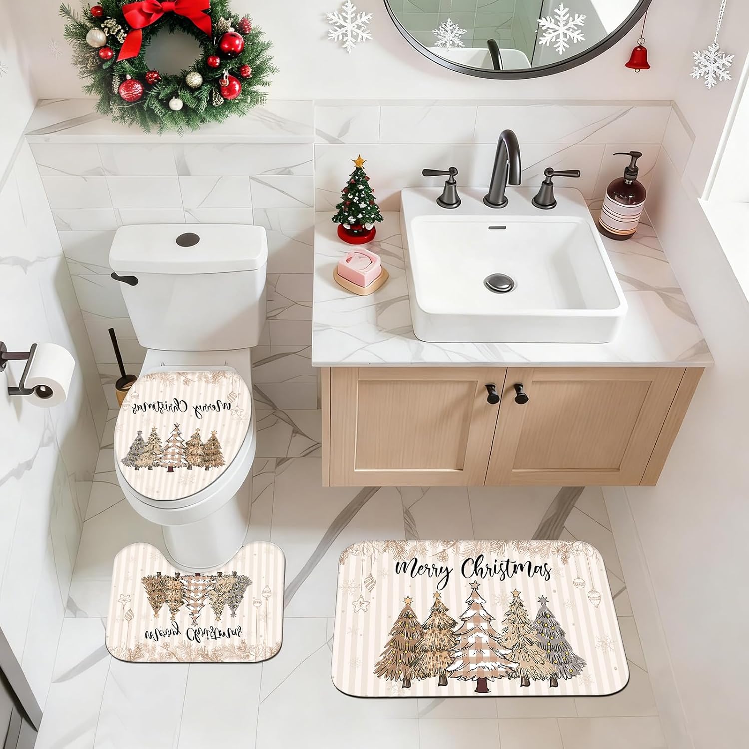 Mocsicka Christmas Shower Curtain Set for Bathroom, 4Pcs Beige Stripes Xmas Tree Bathroom Sets with Non Slip Rugs, Toilet Lid Cover, Bath Mat, Shower Curtain, Bathroom Decor with 12 Hooks