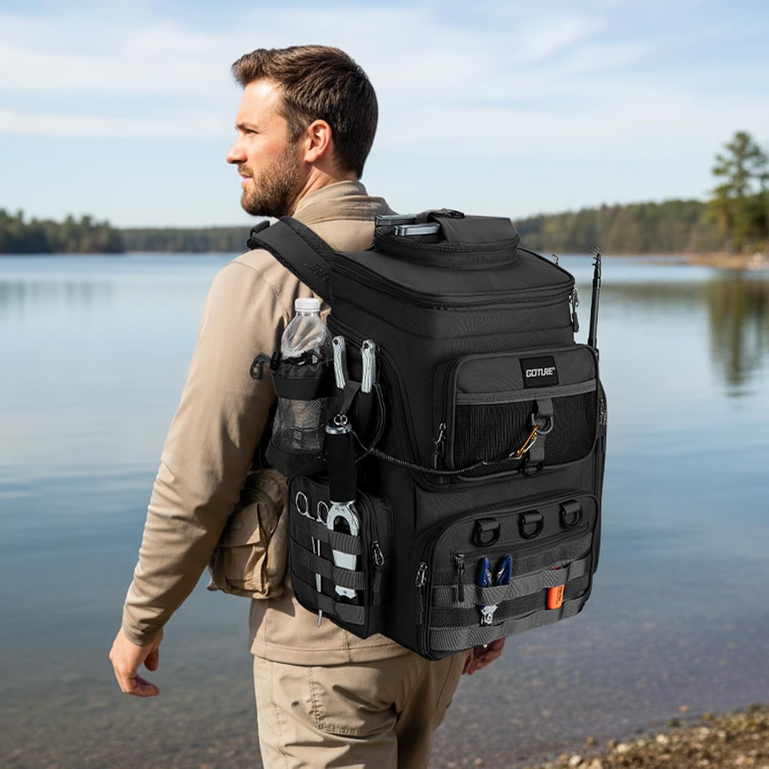 Goture Fishing Backpack, 900D Water-Resistant Tackle Bag with Rod Holders, Insulated Cooler Compartment, 55L Large Capacity Fishing Gear Storage for Saltwater&Freshwater Camping Hiking,Gifts for Men