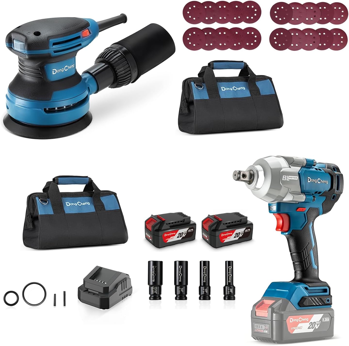 Dong Cheng 5-Inch 12800OPM Random Orbital Sander with 20V 515 ft-lbs (698N.m) Torque Brushless Impact Wrench