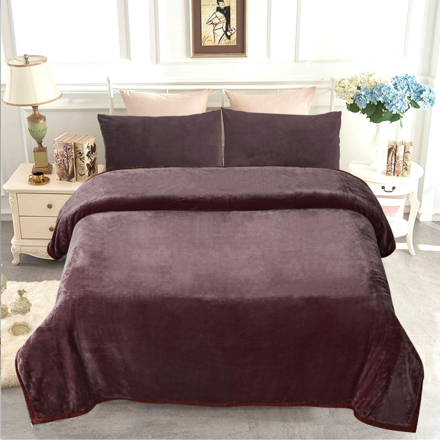 JYK Fleece Plush Blanket, Korean Mink, Queen 79" x 91" - Super Soft, Warm, Lightweight, Cozy Fuzzy Solid Color Brown Solid - Brown Queen (75" x 87")