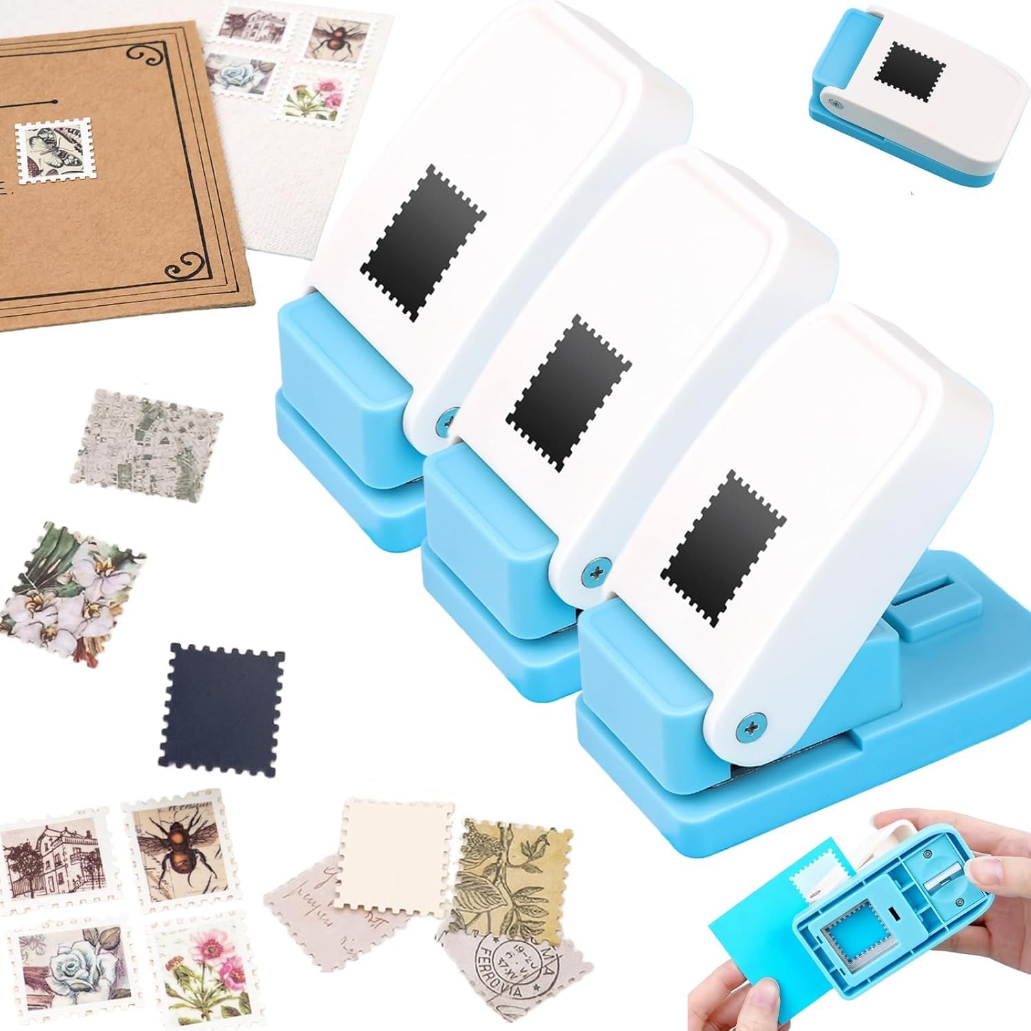 3Pcs Paper Punch | 1x0.8 inch Stamp Punch | Postage Stamp Shape Paper Punches | Portable Lever Action Craft Puncher | Rectangular Scalloped Edge Hole Cutter for Paper Crafting Scrapbooking DIY Crafts — image 1