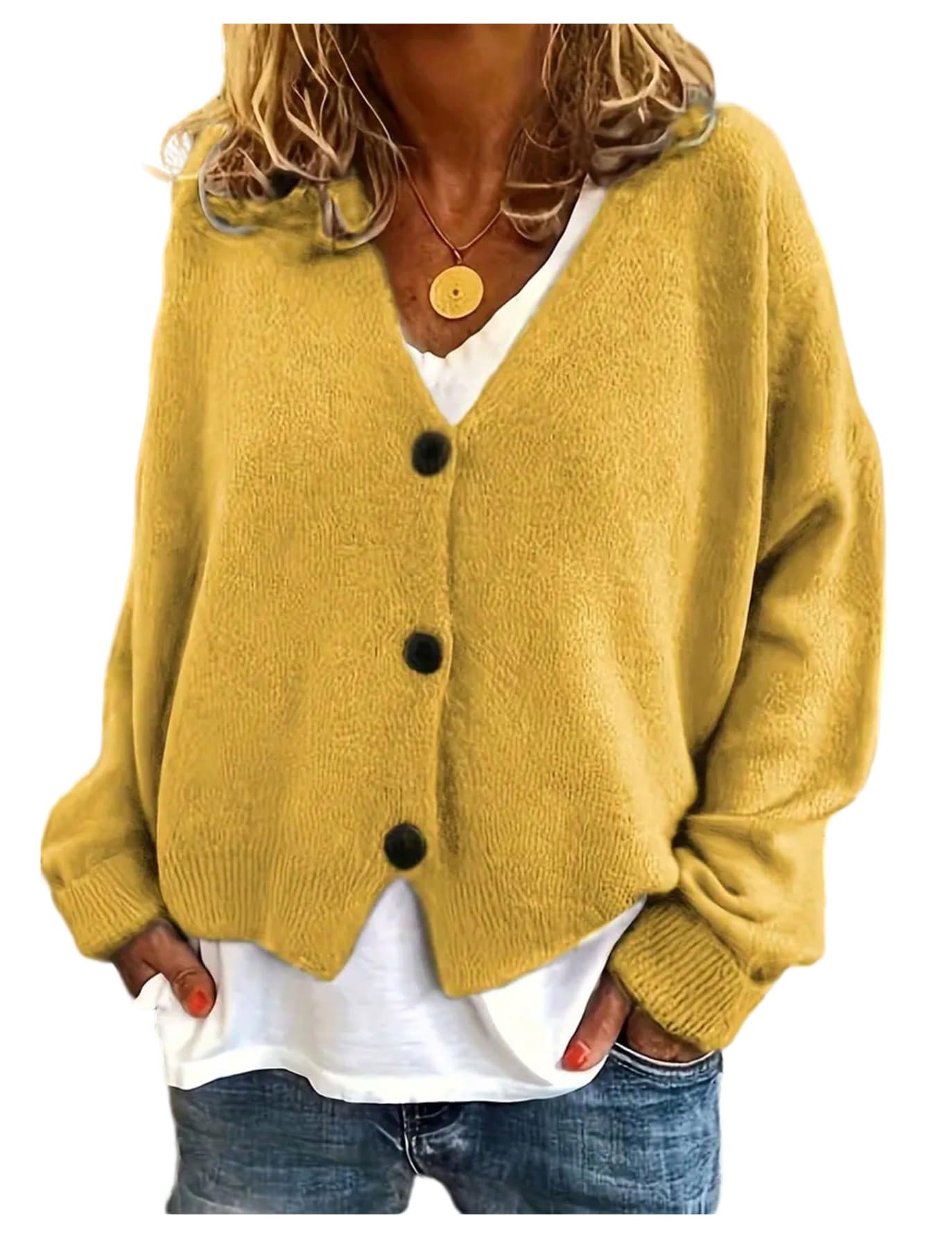 Womens Plus Size Button Down Cardigan V Neck Long Sleeve Cozy Cardigans Sweaters