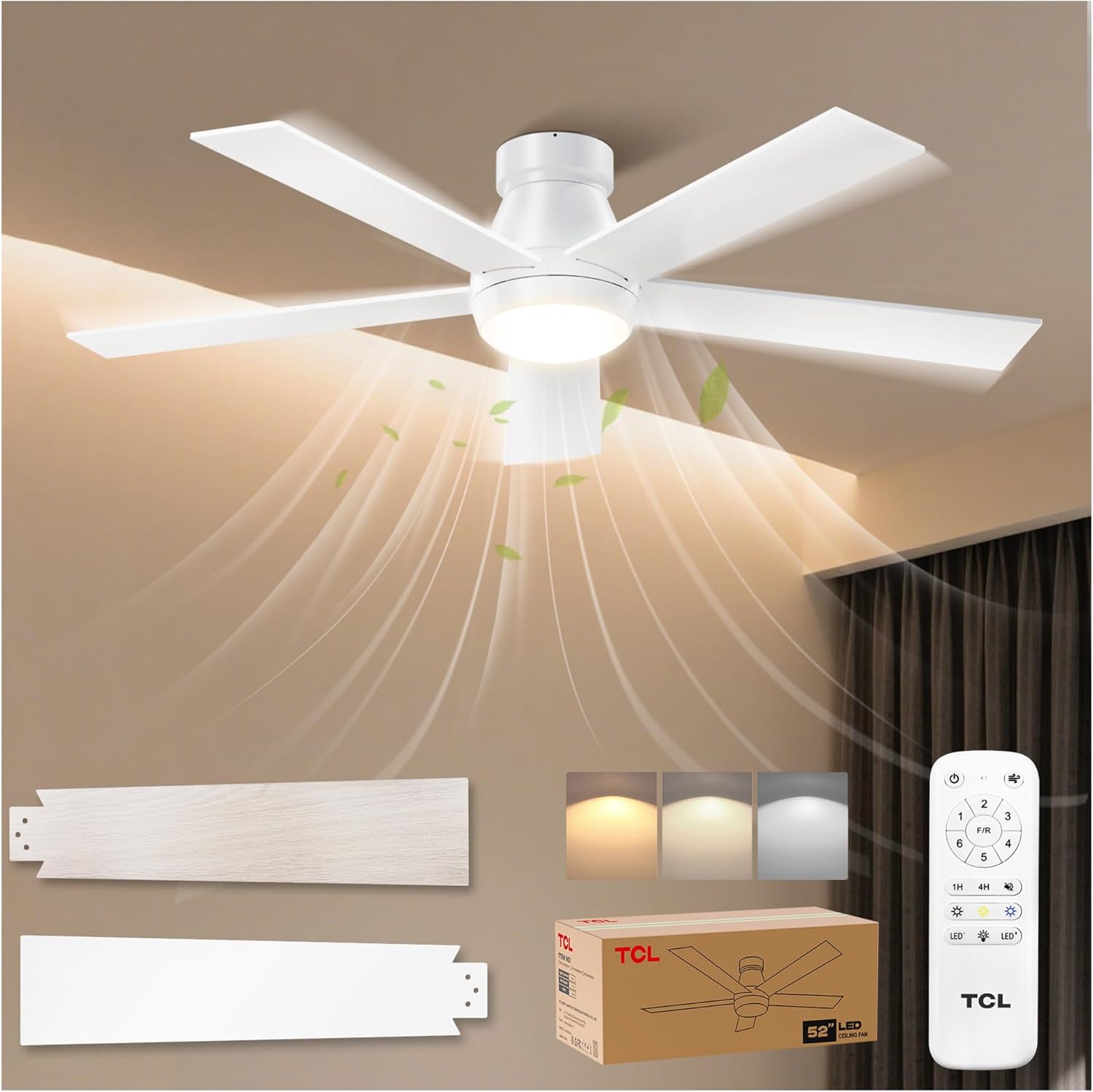 TCL 52″ White Ceiling Fan with Light and Remote, Modern LED 3-Color, 3CCT, Quiet Motor for Bedroom, Living Room, Dining Room, Ceiling Fans with Lights (White)