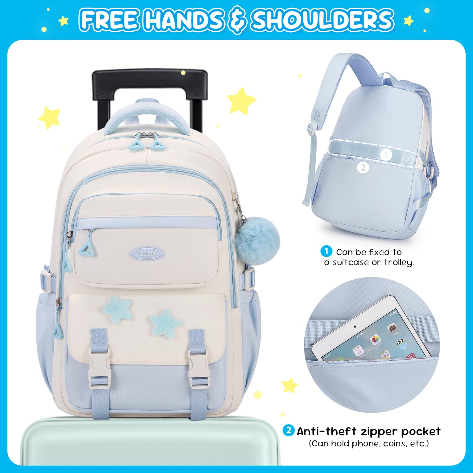 Amythe Cartable Fille Primaire CE2 CM1 CM2, Convient aux Chariot, Bleu | Sac à Dos pour Enfant 9 à 16 Ans, Cartable Filles Collège, Kawaii Décontracté Grande Léger et Imperméable, Rentrée scolaire
