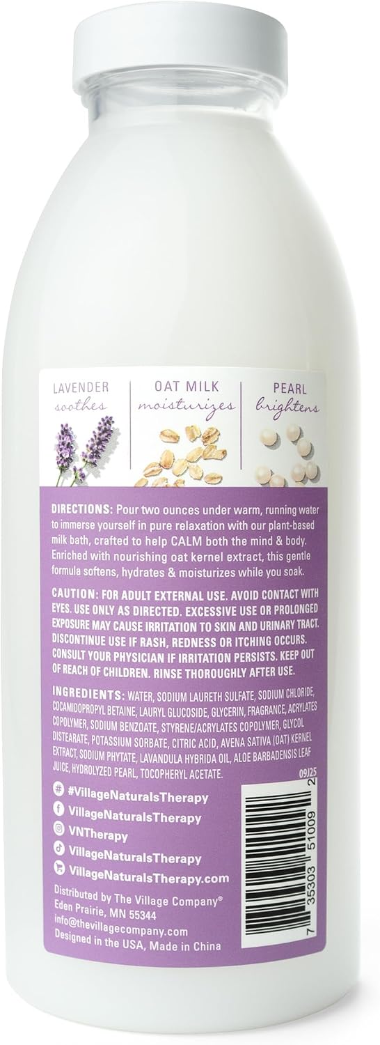 Village Naturals Therapy Calm Plant Milk Bubble Bath, Lavender Vanilla Scent with Oat Milk and Pearl Extract, 20 fl oz Each, Pack of 3
