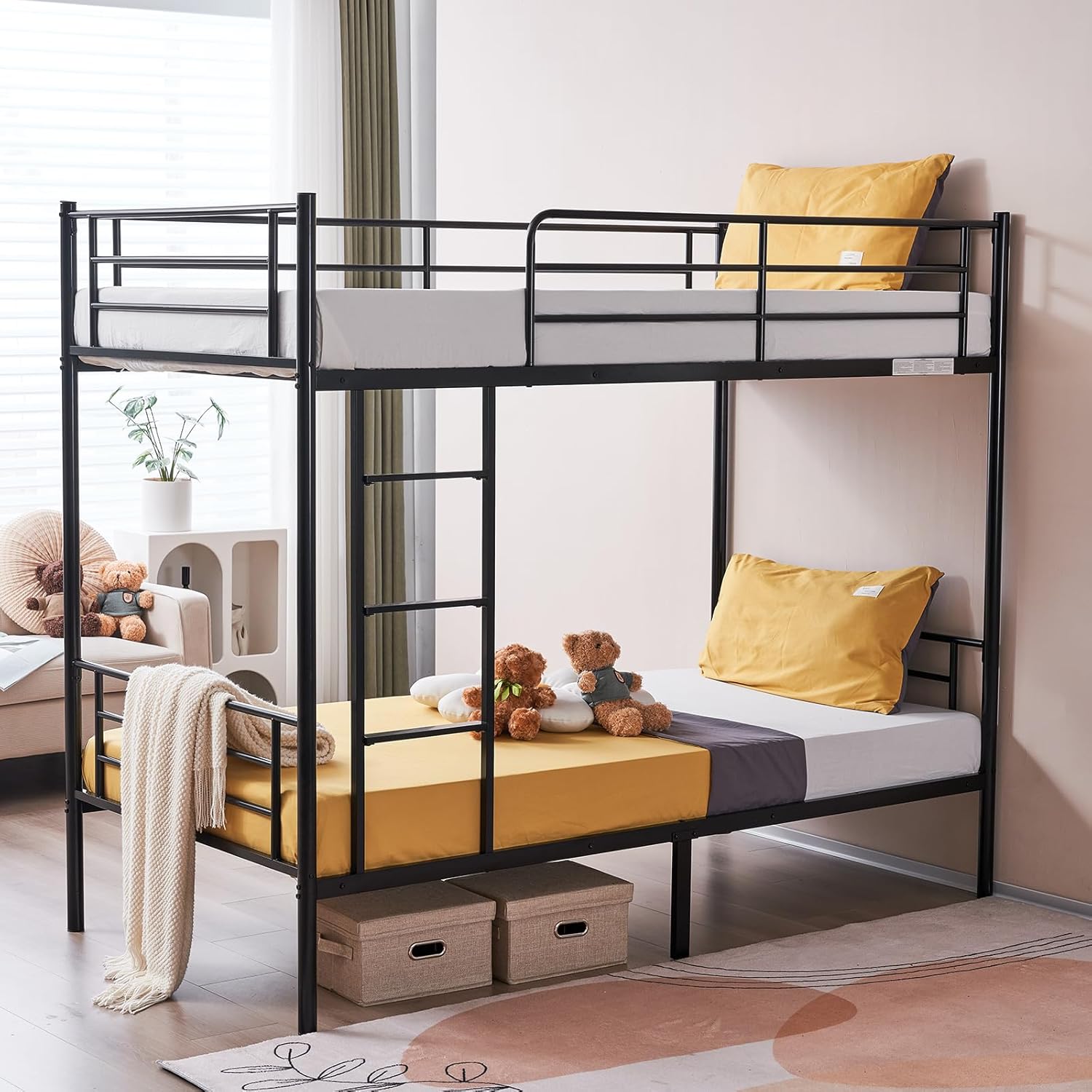 Karl home White Bunk Bed Twin Over Twin, Metal Bunk Bed with Built-in Ladder and Safety Guardrail, Space-Saving Twin Bunk Beds for Kids, Teens & Adults, No Box Spring Needed