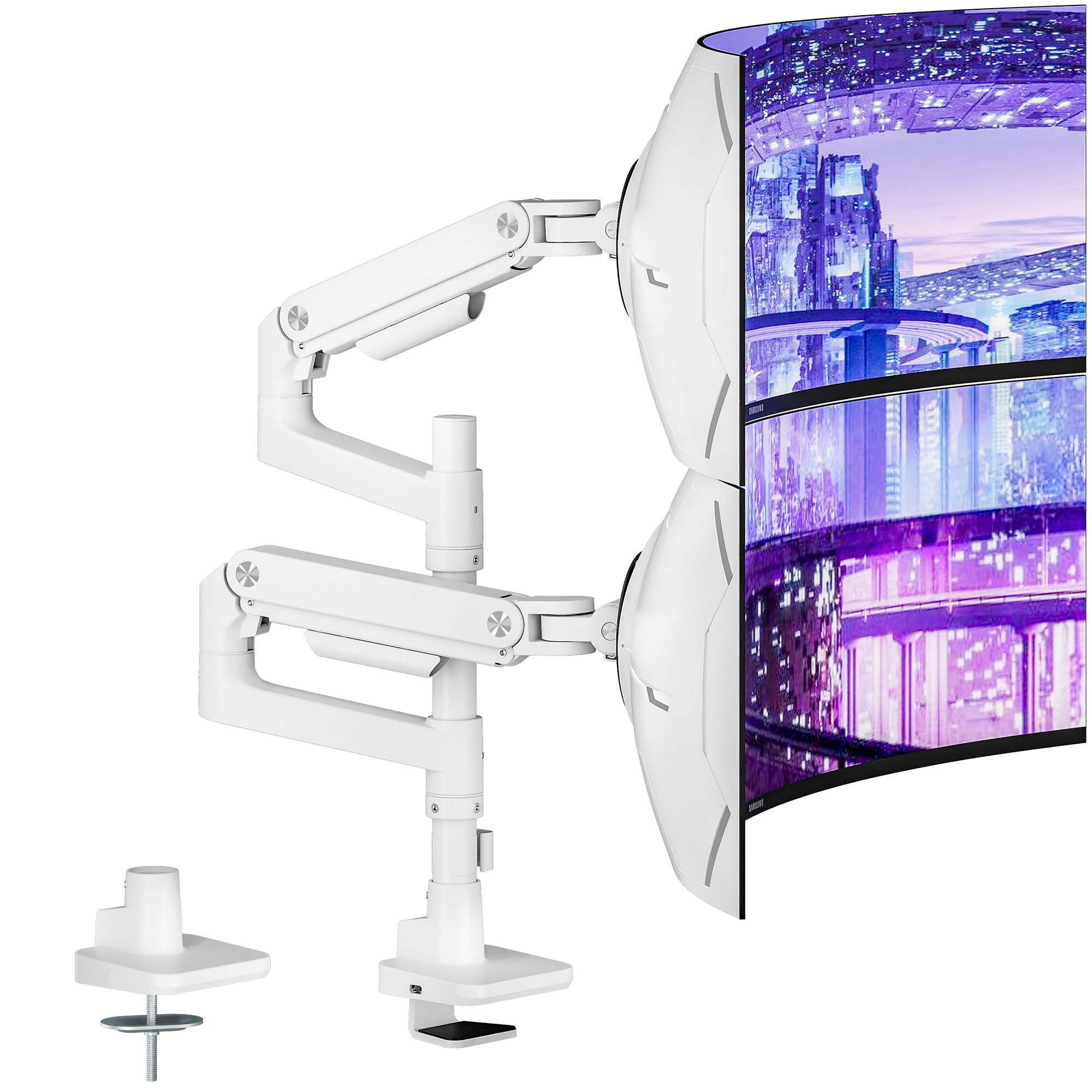 ARES WING Dual Monitor Arm Desk Mount for 17-49 Inch Ultrawide Monitors, Heavy Duty Dual Monitor Mount Holds 44 lbs, Full Motion Gas Spring Vertical Stacked Monitor Mount, 75/100 VESA Mount, White-image-29