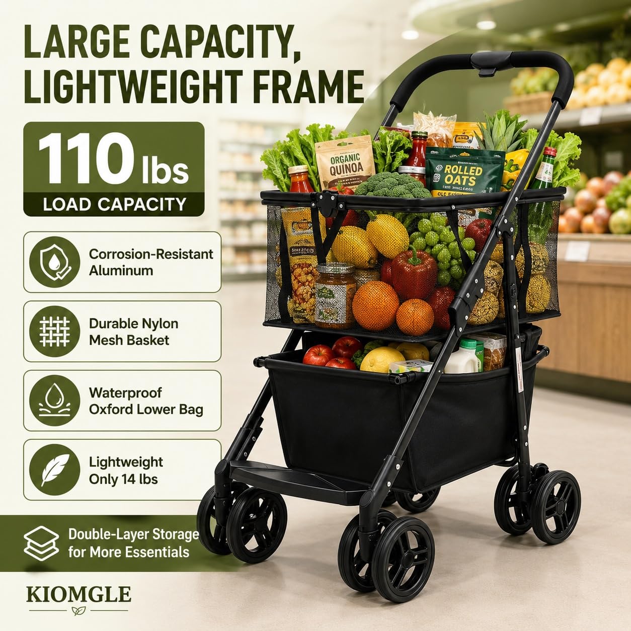 Przenośny składany wózek, wytrzymały 49 kg, solidna aluminiowa rama, kółka obrotowe o 360°, do artykułów spożywczych, zwierząt domowych, zakupów, oszczędność miejsca