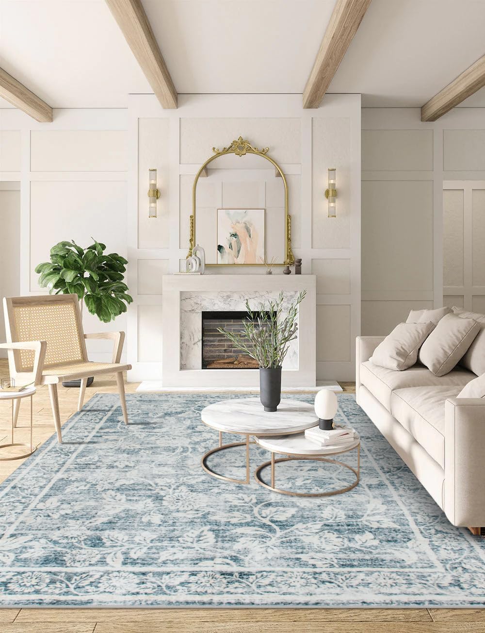 LIVEBOX Blue Washable Rug 6x9 Carpet for Living Room, Soft Non-Slip Floral Area Rug for Dining Room, Non-Shedding Vintage Rug Living Room Rugs 6' x 9' Distressed Blue