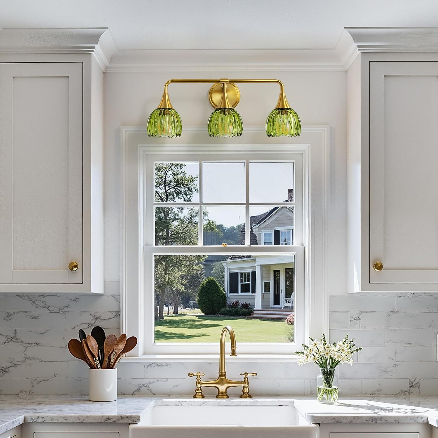 Bathroom Vanity Light Fixtures: 3-Lights Vintage Bathroom Lights Over Mirror with Ribbed Green Tulip Glass Shade - 22.4 inch Brushed Gold Wall Sconce Bath Lighting