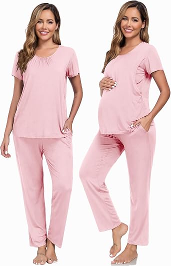 DIKFA Maternity Pajamas Set 3Pcs Double Layer Nursing Pjs with Pockets 3 in 1 for Pregnancy, Breastfeeding, Postpartum