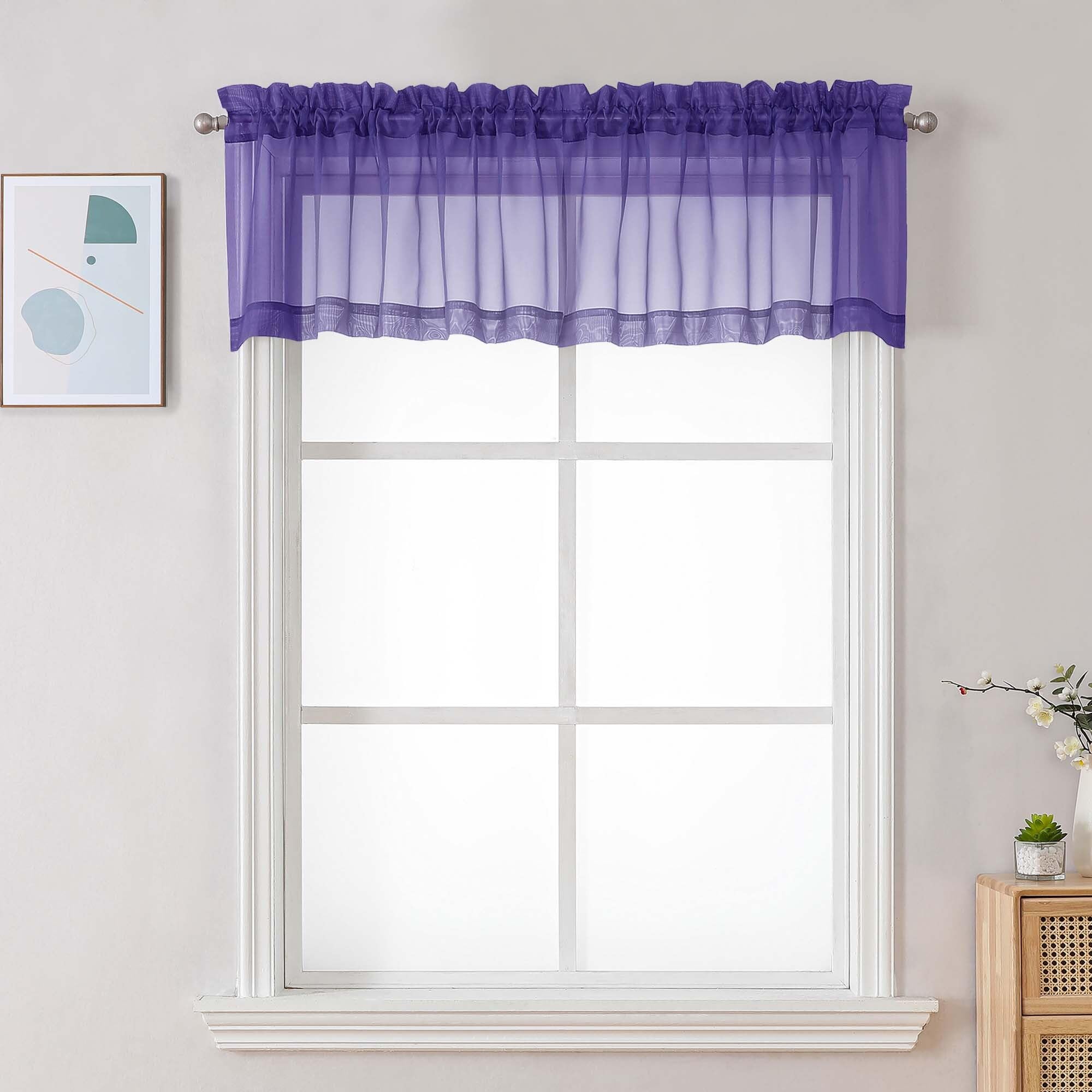 Chyhomenyc Purple Sheer Valances for Windows - Light Filtering Small Kitchen Curtains, Rod Pocket Short Top Window Treatment Decor for Living Room Bathroom Basement, 42Wx16L inches, 2 Panels