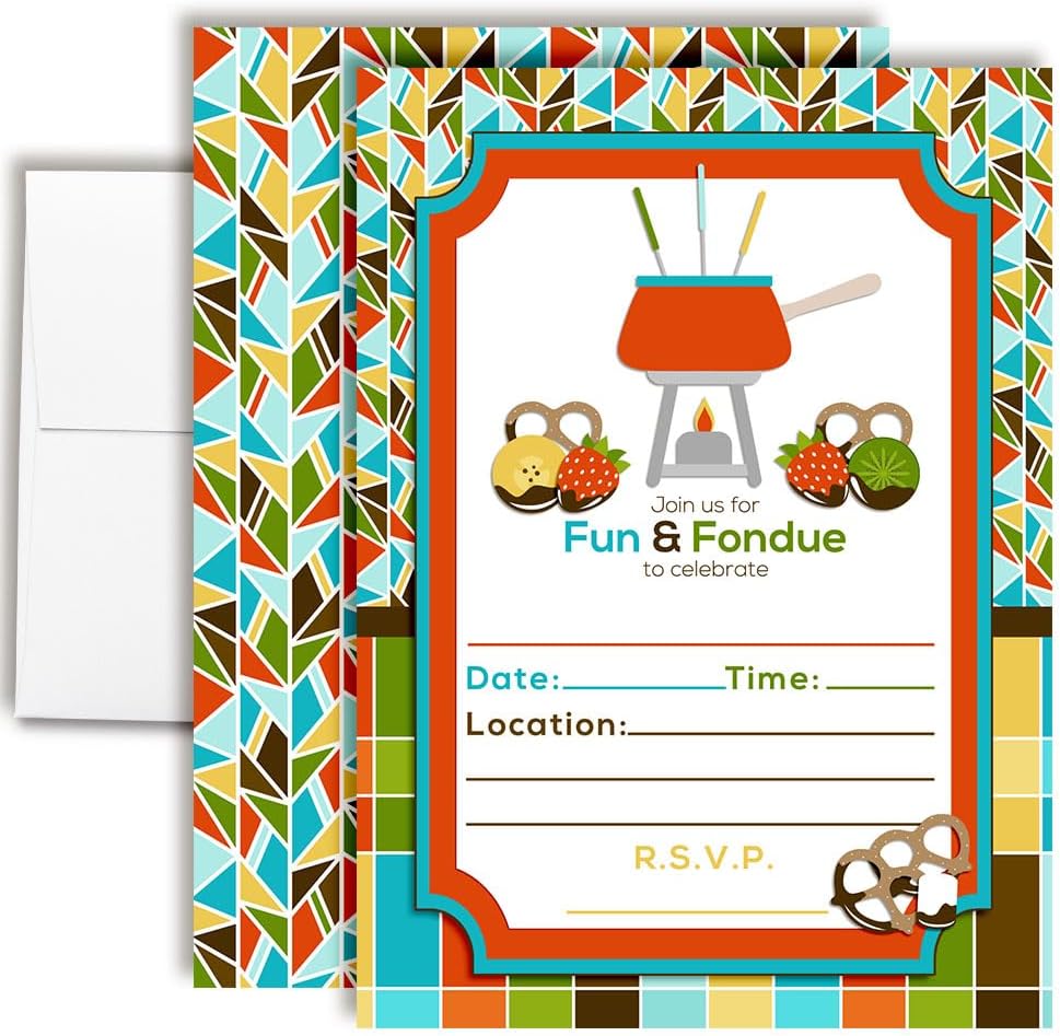 Fun Fondue Party Invitations, 20 5x7 Fill In Cards with Twenty White Envelopes by AmandaCreation