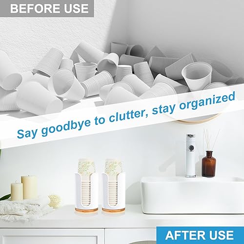 Miniatura 5 de Dispensador grande de tazas de baño, paquete de 2 unidades de plástico y bambú para Dixie 3 onzas, 5 onzas, 6 onzas, soporte para tazas de enjuague