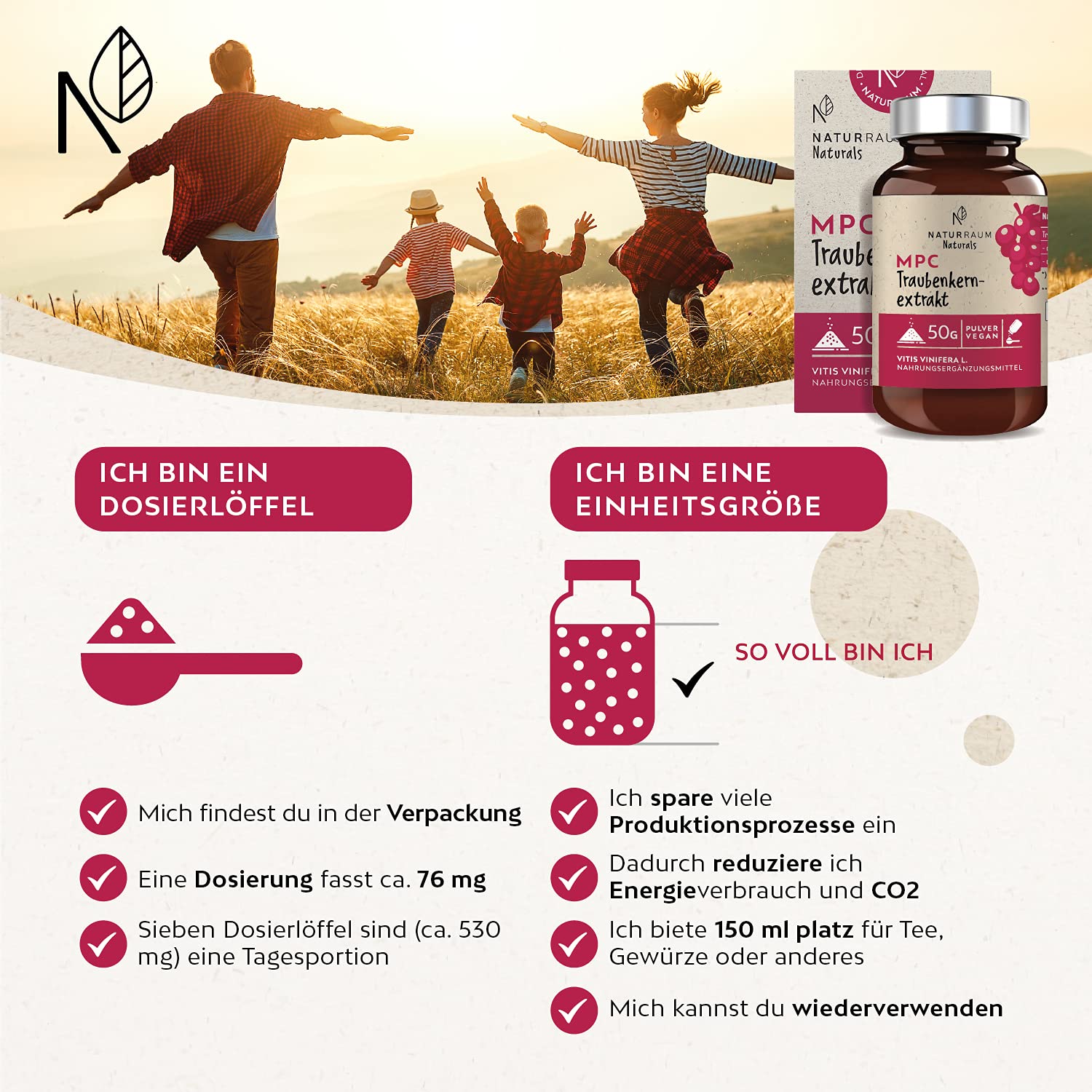 MPC Traubenkernextrakt Pulver I 50 g im Glas I Vegan I bis zu 44-mal bioverfügbarer als OPC Traubenkernextrakt I Hochdosiert I Qualität aus der Champagne in Frankreich I Ohne Zusatzstoffe