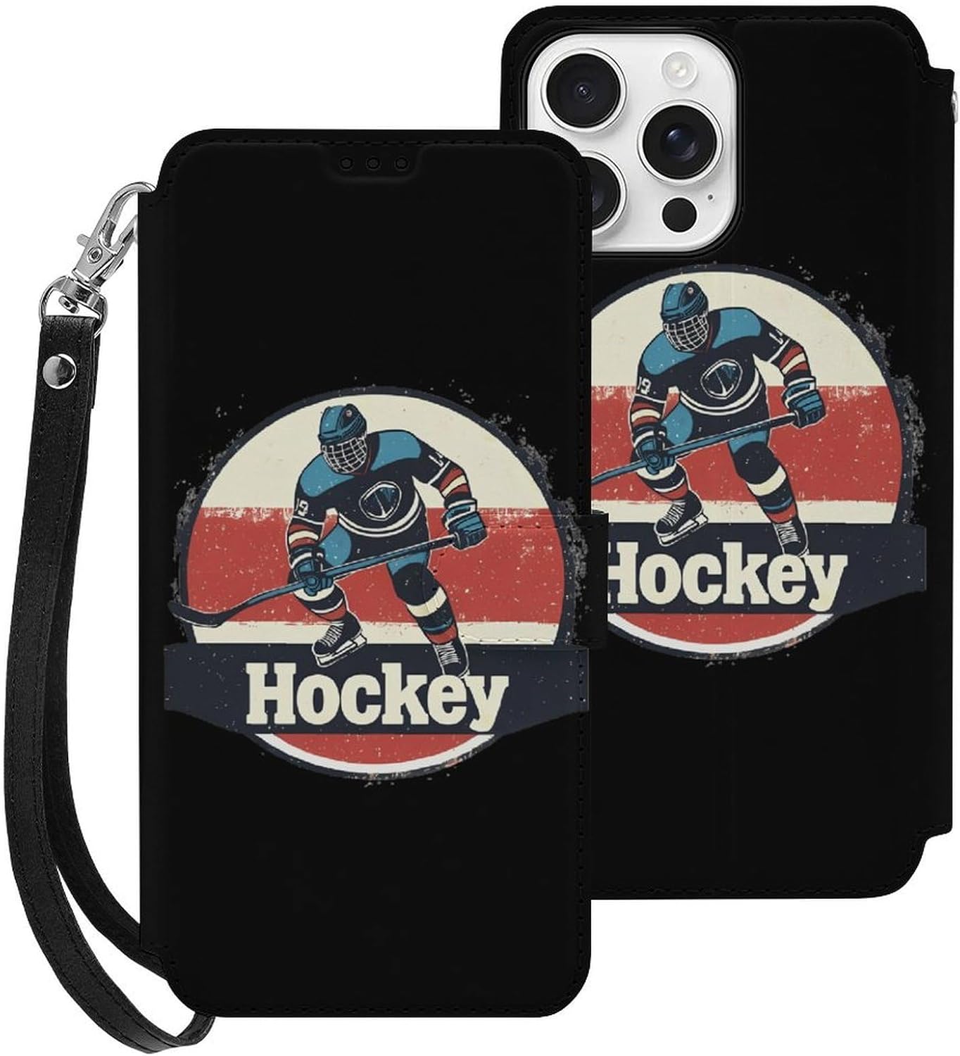 Vintage Hockey Compatible with iPhone 16/16 Plus/16 Pro/16 Pro Max/16 E Case Phone Wallet Card Holder Flip Cover with Wrist Strap
