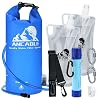 Gravity Water Filter Straw, 1.5 Gal Camping Water Filtration System with 1L Hiking Collapsible Water Bottles and Water Filter Straw for Travel, Backpacking, Emergency Preparedness, Blue