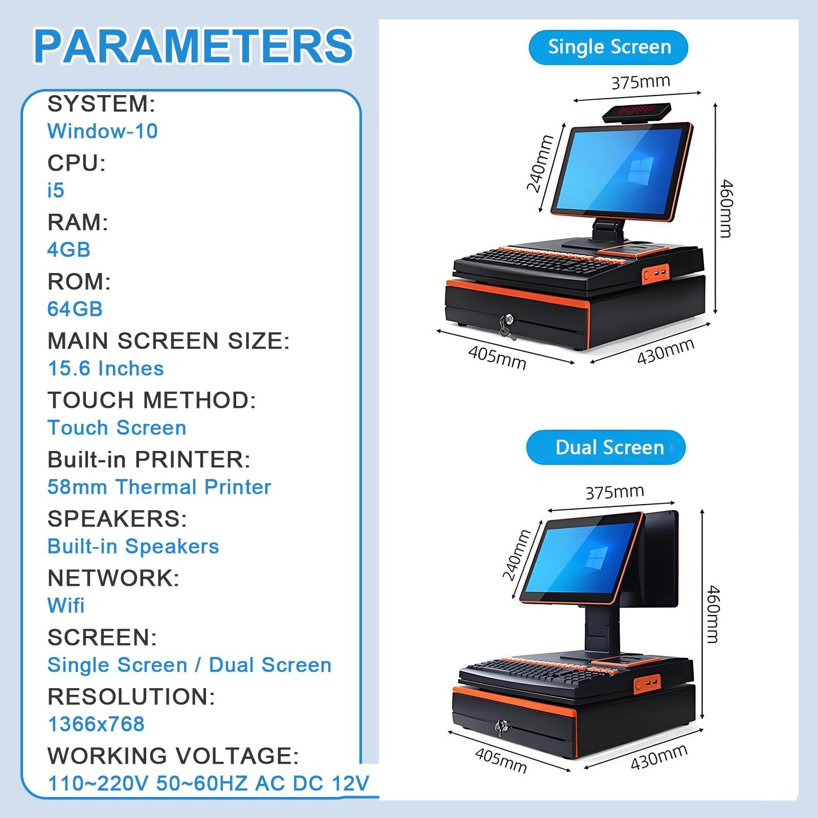 AVSMGP , Biały, DualScreen, Mały Biznes Dotykowy Kasa Fiskalna - 15.6" All-in-One POS z klawiaturą, wbudowaną drukarką 58 mm i skanerem, Windows 10 dla handlu detalicznego