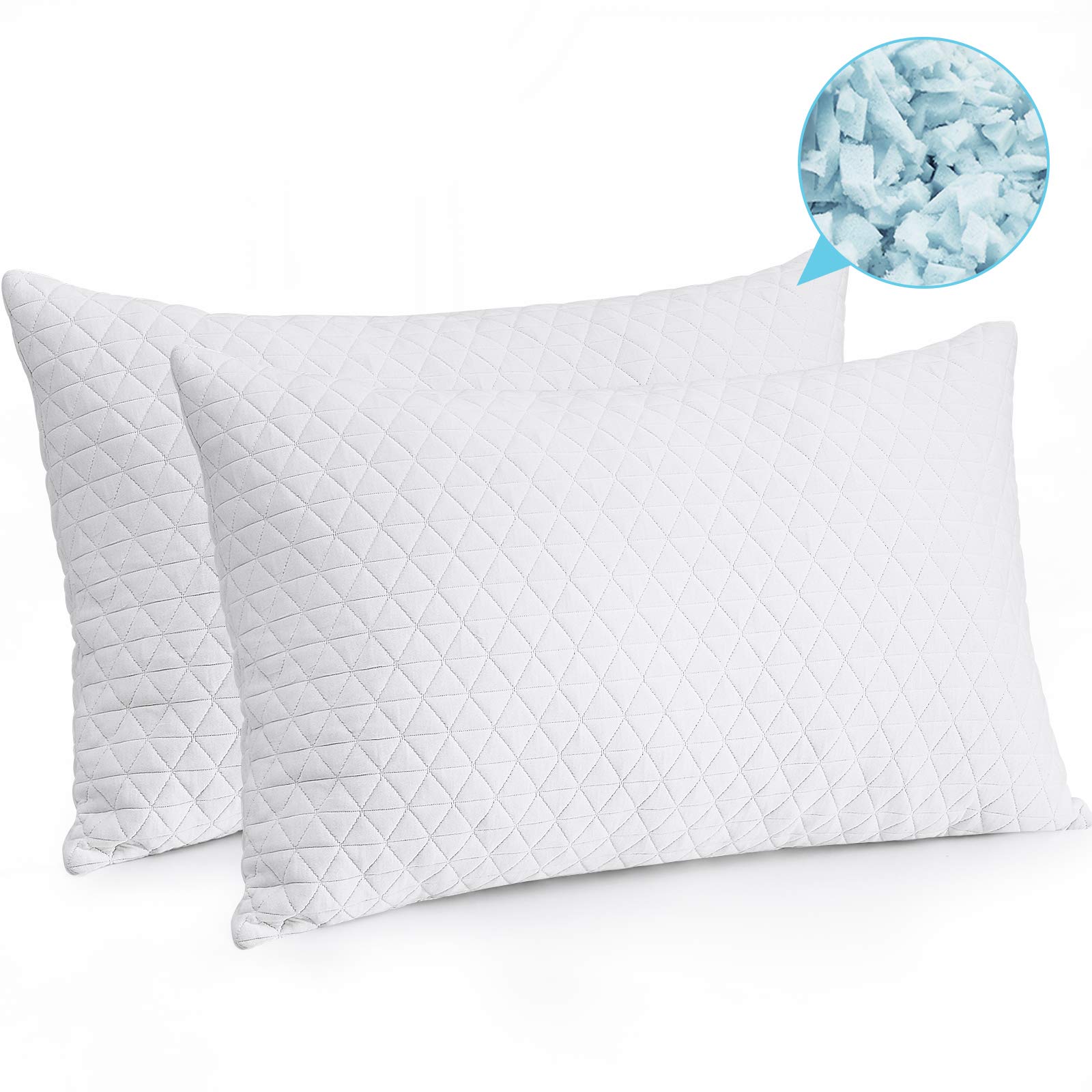FAIRYLAND 2 Pack Shredded Memory Foam Bed Pillows for Sleeping Adjustable, with Removable Cooling Bamboo Derived Rayon Zipperd Cover, CertiPUR-US Certified (Queen Size, Set of 2)
