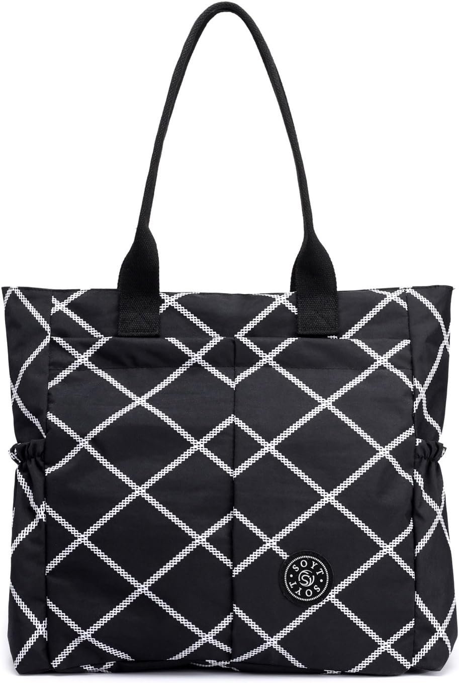 Nylon Water Resistant Multi Pockets Large Lightweight Tote Bag Shoulder Bag for Gym Hiking Picnic Travel Beach Waterproof Tote Bags (Black Rhomb HB)