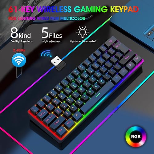 Miniatura 7 de ASHATA 60% Wireless Mechanical Keyboard, 2.4G Gaming Keyboard RGB Backlit 61 Keys Rechargeable, Supports Sleep Mode, Ergonomic Comfort, for PC Laptop