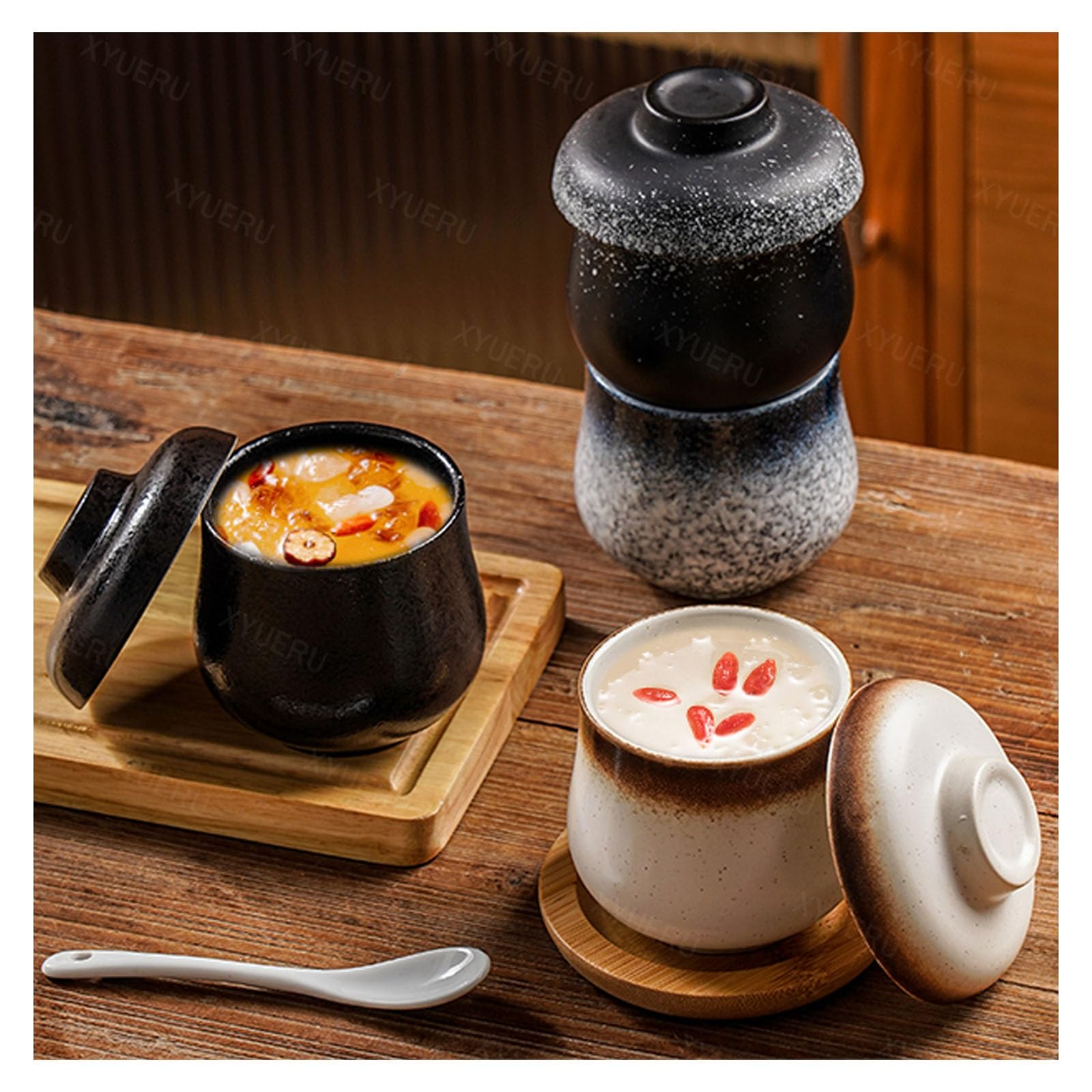 Coquetier avec couvercle, ustensile de cuisine rétro en céramique, cocotte japonaise 250 ml pour œufs à la coque, pudding, soupe, parfait pour le petit déjeuner et les recettes