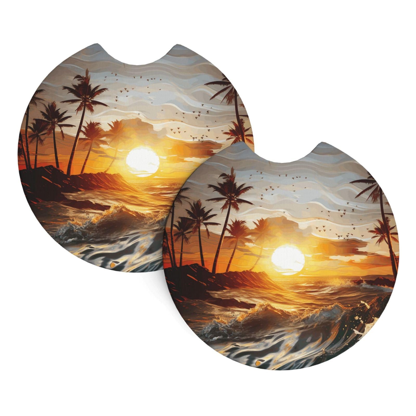 2 Pack Car Coaster for Cup Holders Palm Trees Ocean Waves Sunset Car Cup Coaster 2.7" Neoprene Non-Slip Automotive Cup Mat Universal Auto Car Interior Accessories for Women Men Cup Pad