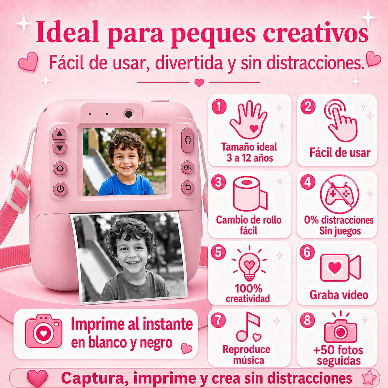 Cámara Fotos Infantil Instantánea para Niños y Niñas 3-12 Años - Imprime +50 Fotos Seguidas sin Sobrecalentarse - Graba Vídeo - Sin Juegos - SD 32GB + 5 Rollos Térmicos - Caja Regalo Premium