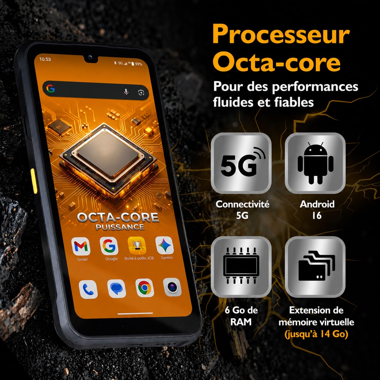 JCB Toughphone E50 Téléphone Portable Incassable 5G Android 16, Smartphone Robuste 6GB RAM 128GB, Batterie 5000mAh, Appareil Photo 50MP, NFC, Charge Rapide et sans Fil, Dual SIM + eSIM, IP68/IP69K