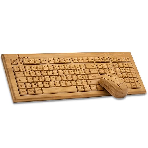 KIBODO - Bamboo Wireless Tastatur-Maus-Set, Naturholz, angenehmer Touch, einfach zu bedienen, dekorativ und original funktional, 107 in Holz Geschnitzte Tasten, Deutsches QWERTZ