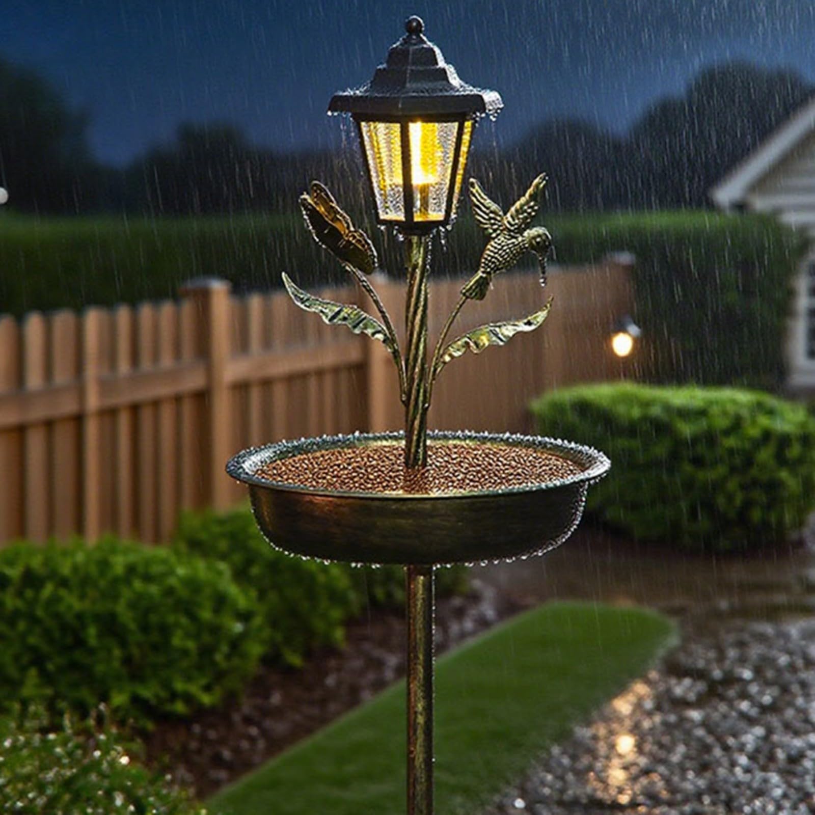 Mangiatoia solare in metallo per uccelli con luce integrata e vasca, resistente alle intemperie, decorazione da giardino per esterni, marrone, 105 cm (antico)