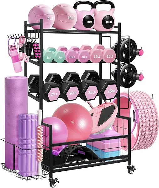 Dumbbell Rack, Weight Rack for Home Gym Dumbbells, Adjustable Barbell Rack for Kettlebells Yoga Mat & Balls, Sports Equipment Organizer Storage Rack with Wheels for All in One Workout (Black)