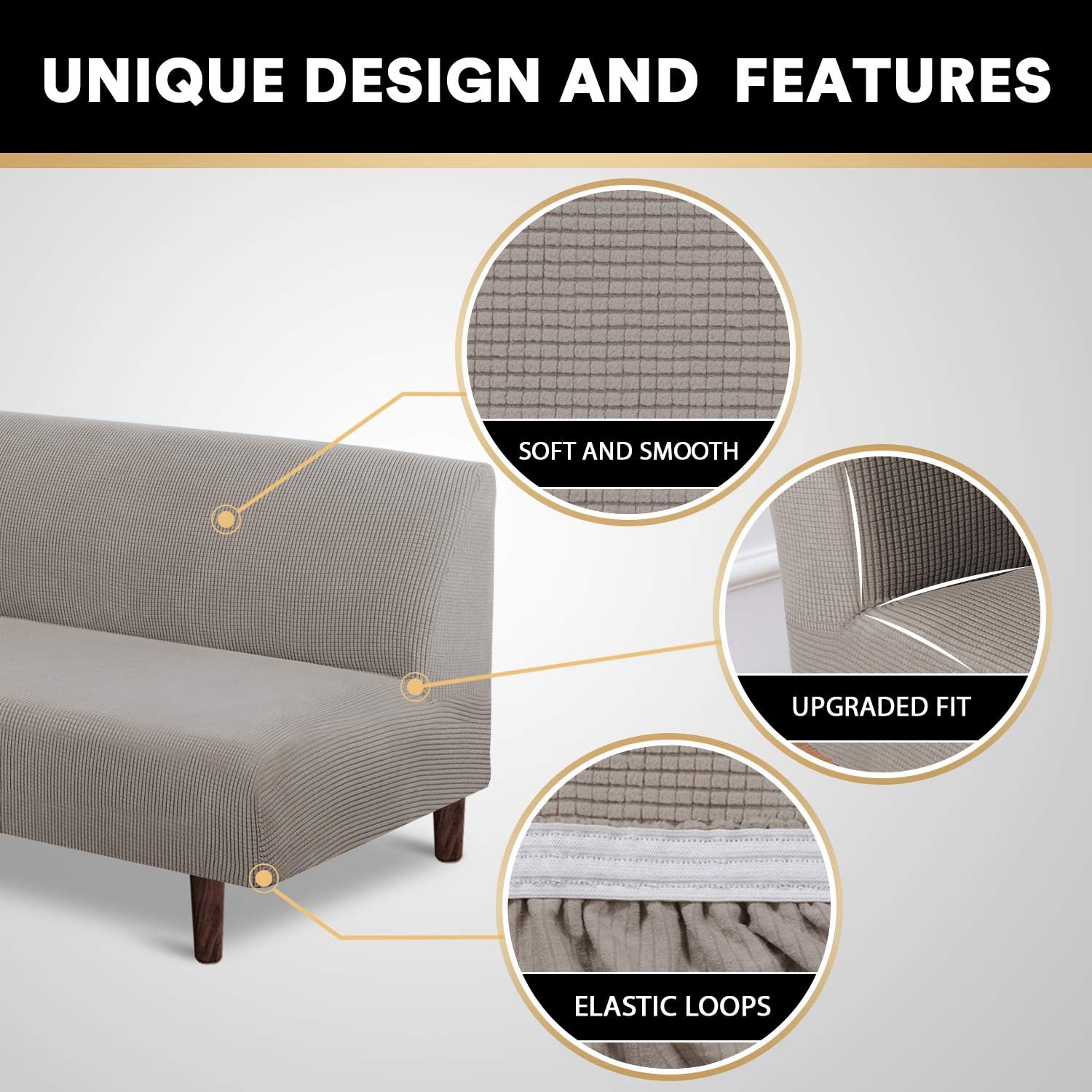 PrinceDeco Stretch Armless Futon Slipcover Full Queen Size Couch Cover Sofa Bed Cover Furniture Protector with Elastic Bottom, Checked Pattern Jacquard, Taupe