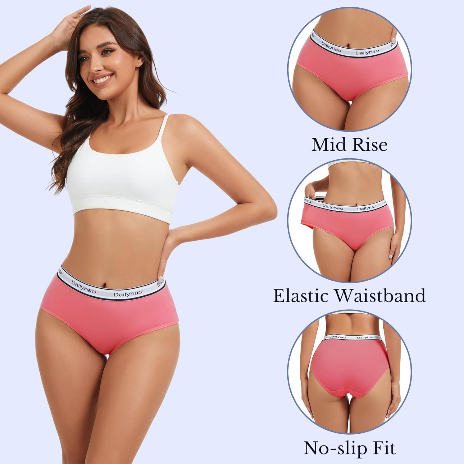 Long-Lasting Women's Cotton Underwear - Full Coverage Mid Rise Briefs with Reinforced No Roll Waistband, 5-Pack - Image 3