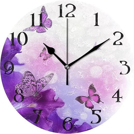 ALAZA Purple Butterflies Wall Clock Battery Operated Clock Silent 9.5 Inch Non Ticking Wall Clocks for Bedroom Living Room Decorative