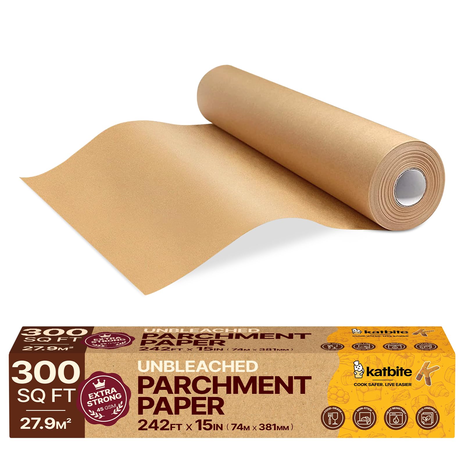 Katbite Unbleached Parchment Paper Roll, 15in x 242ft, 300 Sq.Ft, Non-Stick with Serrated Cutter for Baking, Cooking, Air Fryer