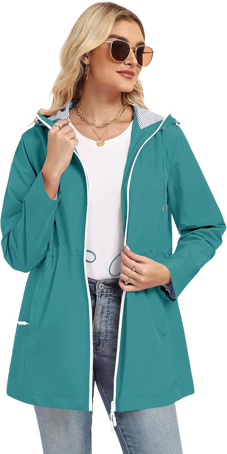 TCOT Rain Jacket Women Lined Raincoat Waterproof Windbreaker Jackets Hooded Raincoats Long Trench Coat - Image 4