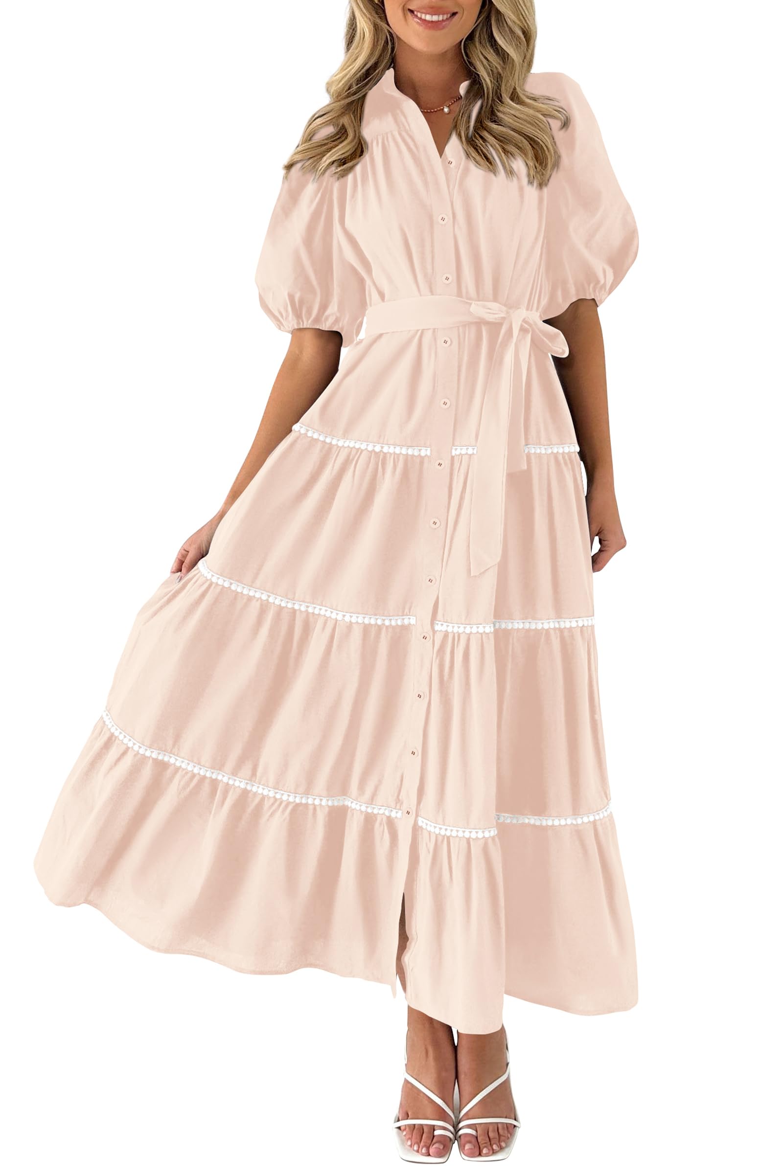 PRETTYGARDEN Women's Summer Button Down Shirt Dress Short Puffy Sleeve Tiered Ruffle Flowy Long Maxi Dresses