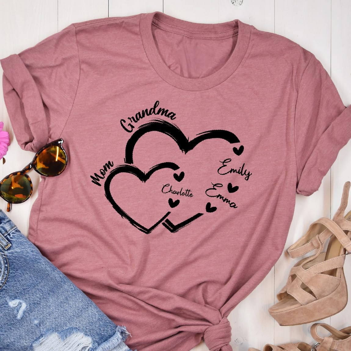 Custom Name Grandma Shirt Custom Names Double Heart Sweatshirt with Grandkids Names Grandma Hoodie Mother's Day Tee Custom Mimi Crewneck Family Name T Shirt Custom Mom Gifts Gift for Grandma - Image 2