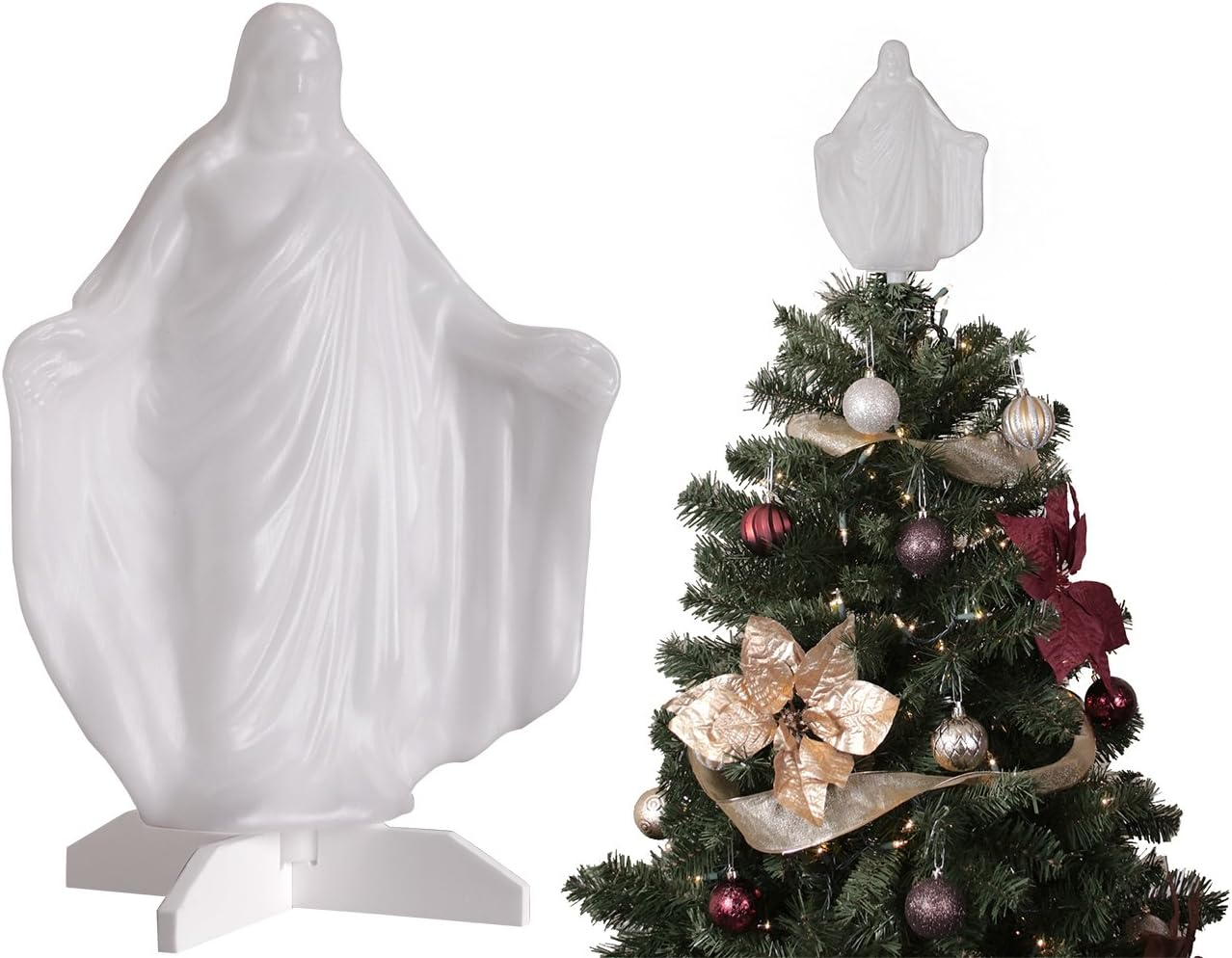 Christmas Tree Ornament - Christ Tree Topper - 10 in. Tall - Jesus Statue - Lights Up Your Tree With the Reminder of Christ - Duals as a Year-Round Statue - Easy To Install
