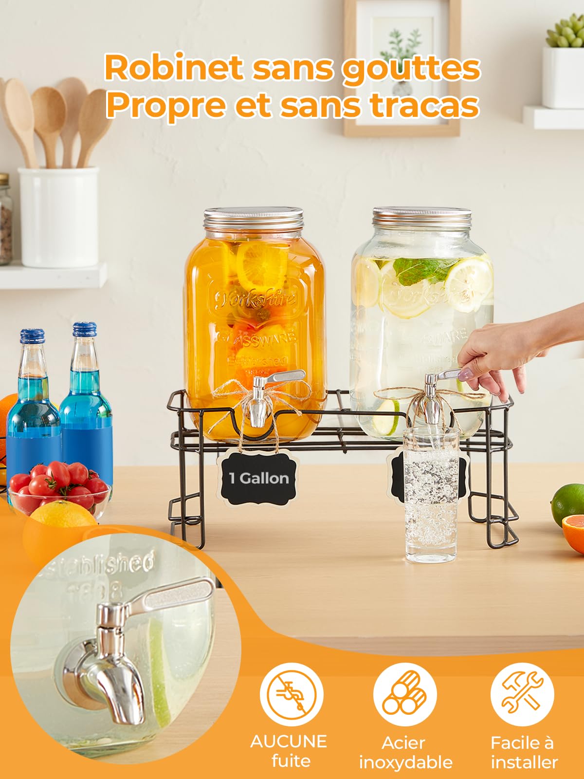 Lot de 2 distributeurs de boissons en verre avec support, robinet étanche en acier inoxydable, bouteille de glace, pour Noël, barbecue, pique-nique, limonade, cocktails