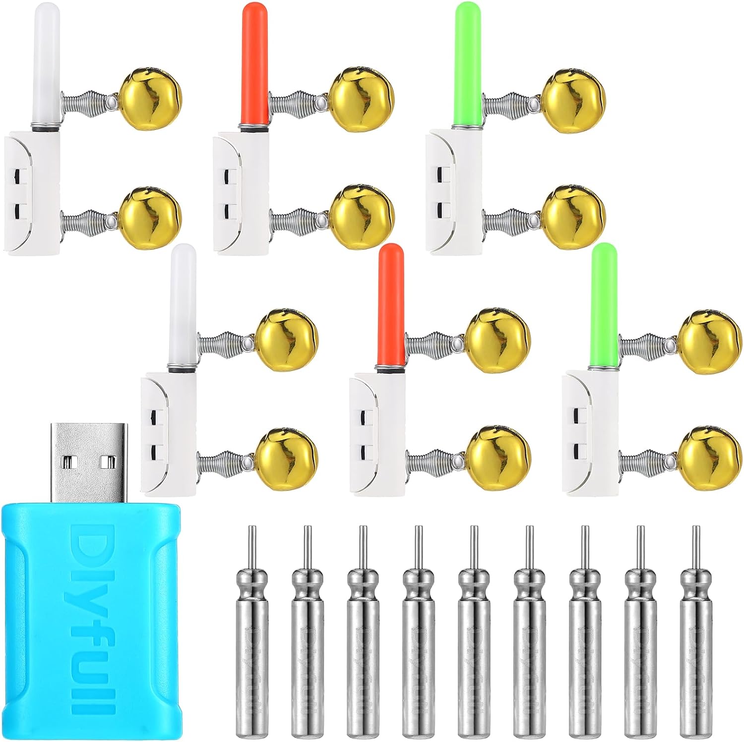 Glooglitter 6 Pcs Fishing Glow Sticks LED Fishing Pole Light Night Fish Alert Glow Stick with 8 Pcs Rechargeable CR425 Battery and Battery Charger
